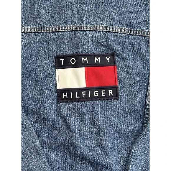 RARE VTG Y2K Tommy Hilfiger Mens Trucker Denim Jacket Button Logo Point Collar M - Picture 7 of 8